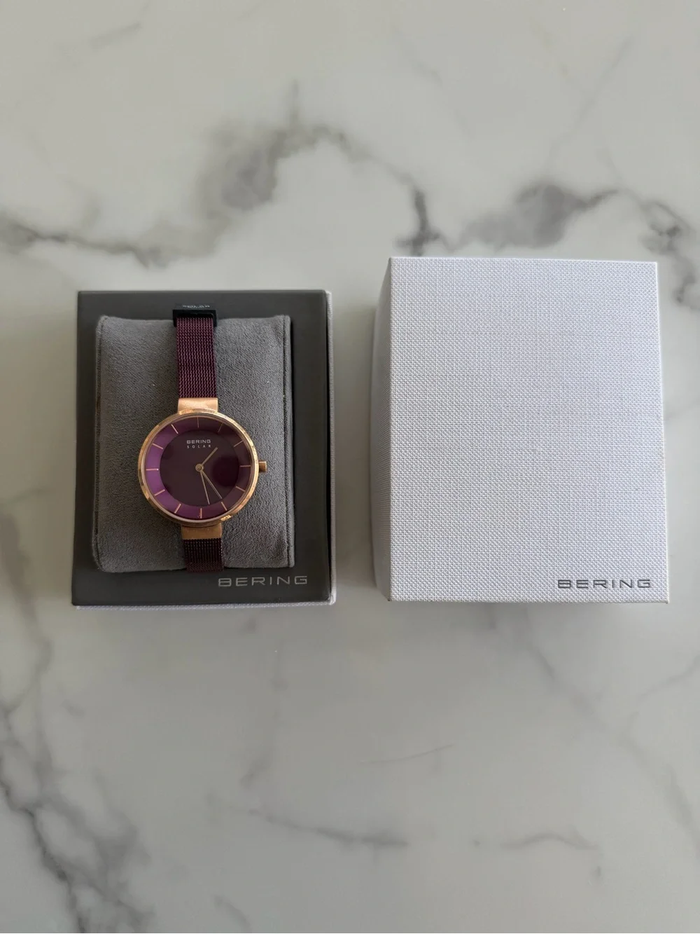 BERING Women's Solar Plum Dial Rose Gold Case Mesh Strap Watch